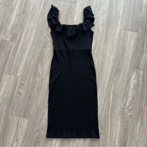 Reformation Black Midi Dress with Ruffle Neckline